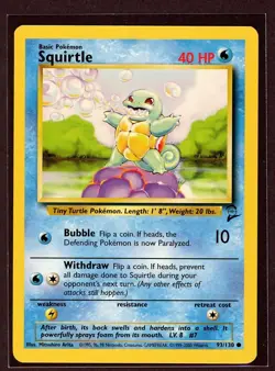 Squirtle Non-Holo WOTC Pokemon Card 93/130 Base 2 Set EXCELLENT - Image 1