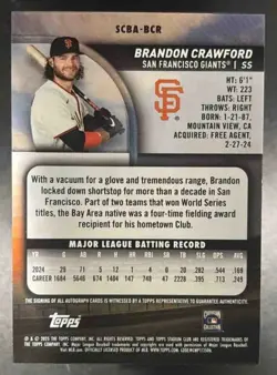 2025 Topps Stadium Club Brandon Crawford Auto Yellow Foil San Francisco Giants - Image 2