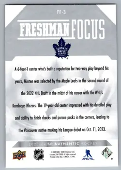 2023-24 SP Authentic Freshman Focus Fraser Minten Toronto Maple Leafs #FF-3 - Image 2
