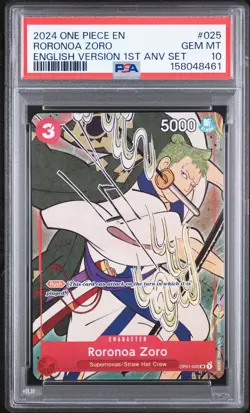 2024 ONE PIECE ENGLISH VERSION 1ST ANNIVERSARY SET #025 RORONOA ZORO PSA 10 - Image 1