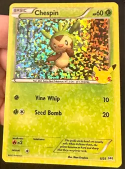 Chespin HEAVY HOLO BLEED 6/25 2021 McDonald's 25th Anniversary Pokemon Card - Nm - Image 1