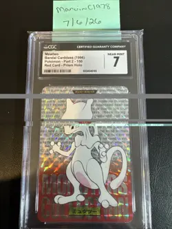 1996 BANDAI CARDDASS POKEMON PART2- RED CARD- PRISM HOLO #150 MEWTWO CGC 7 - Image 1