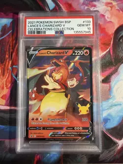 2021 POKEMON SWSH BLACK STAR PROMO CELEBRATIONS COLL LANCE'S CHARIZARD V PSA 10 - Image 1