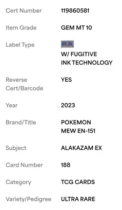 PSA 10 ALAKAZAM EX #188 POKEMON MEW 151 ULTRA RARE 2023 - Image 4
