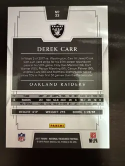 2017 Panini National Treasures Gold Foil Derek Carr /49 #33 - Image 2
