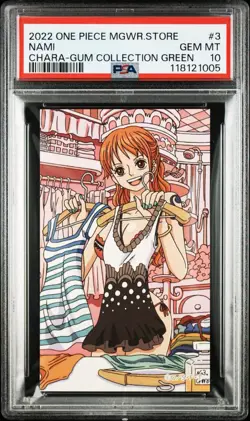 2022 One Piece Mugiwara Store Nami Chara Gum Collection Sticker Green 3 PSA10 - Image 1