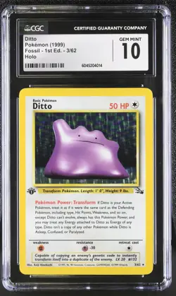CGC 10 GEM MINT Ditto 1999 Fossil 1st Edition 3/62 Holo Pokemon Card - Image 1