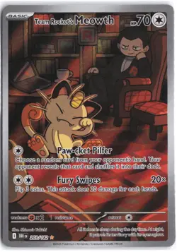 Team Rocket's Meowth 203/182 Illustration Rare Destined Rivals Pokemon NM - Image 1