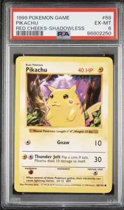 PSA 6 1999 Pokemon TCG Base Set Shadowless Pikachu Red Cheeks 58/102 - Image 1