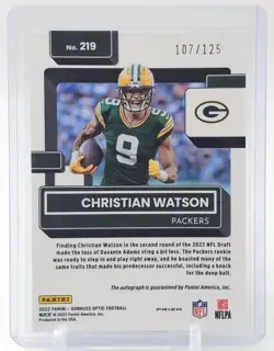 2022 Panini Donruss Optic - Rated Rookie Christian Watson #219 Holo Auto /125 - Image 2