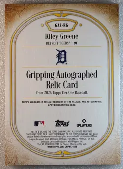 Riley Greene 2026 Topps Tier One Auto /10 Batting Glove Relic Tigers - Image 2