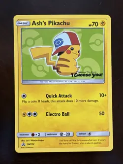 Pokemon 2017 Ash's Pikachu TCG Black Star Promo Card SM112 Alola (EX/LP) - Image 1
