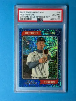 2023 Topps Heritage - Riley Greene #48 Chrome Blue Sparkle (RC) PSA 10 - LOW POP - Image 1