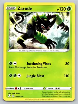 Zarude 016/072 Rare Shining Fates Pokemon Card - NM Near Mint - Image 1