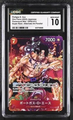 CGC Gem Mint 10 One Piece PORTGAS D. ACE ALT ART OP02-013 PARAMOUNT WAR Jpn - Image 1