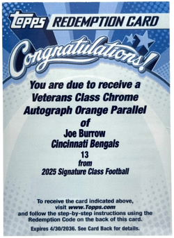 2025 Topps Signature Class Joe Burrow Orange Chrome Auto /50 Redemption Bengals - Image 1