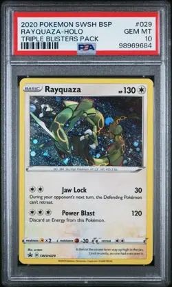 2020 Pokemon SWSH BSP #029 Rayquaza Holo Mint Triple Blisters Pack PSA 10 - Image 1