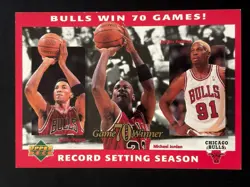 1996 Upper Deck Bulls Win 70 Games JUMBO Card NO# Jordan Pippen Rodman - Image 1