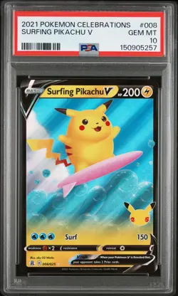2021 POKEMON CELEBRATIONS #008 SURFING PIKACHU V PSA 10 - Image 1