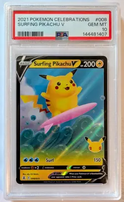 PSA 10 2021 POKEMON CELEBRATIONS #008 SURFING PIKACHU V GEM MINT - Image 1