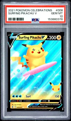 2021 POKEMON CELEBRATIONS #008 SURFING PIKACHU V PSA 10 - Image 1