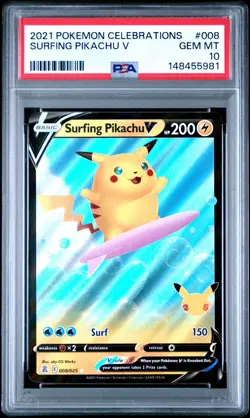 2021 POKEMON CELEBRATIONS #008 SURFING PIKACHU V PSA 10 - Image 1