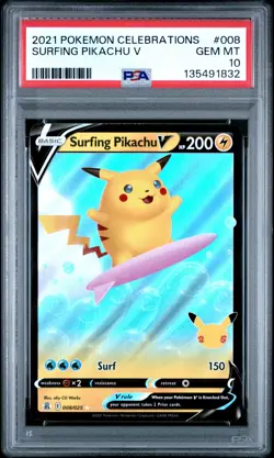 2021 POKEMON CELEBRATIONS #008 SURFING PIKACHU V PSA 10 - Image 1