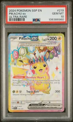 PSA 10 GEM Pikachu ex Surging Sparks Ultra Rare Pokemon Card 219/191 - Image 1