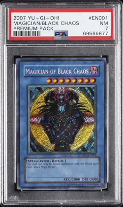 2007 YU-GI-OH! PREMIUM PACK #EN001 MAGICIAN OF BLACK CHAOS PSA 7 - Image 1
