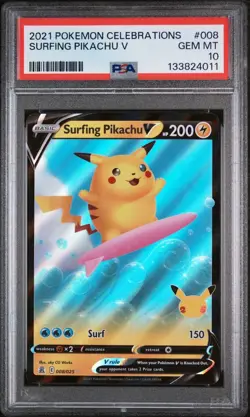🔥 Pokemon TCG 🔥 Surfing Pikachu V #008 🔥 SWSH Celebrations Full Art PSA 10 🔥 - Image 3