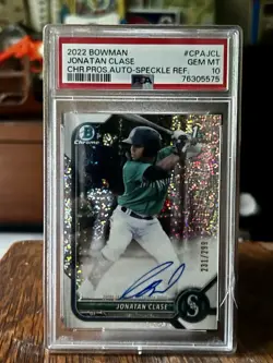 2022 Bowman Chrome Jonatan Clase 1st Autograph Speckle /299 PSA 10 *Small Crack* - Image 1