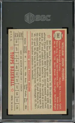 1952 Topps High #361 Bill Posedel CO Coach Pirates SGC 6 EX-NM - Image 2