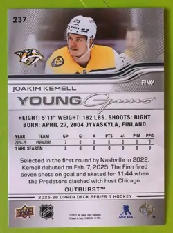 JOAKIM KEMELL OUTBURST YOUNG GUNS 2025-26 UPPER DECK ROOKIE #237 PREDATORS RC - Image 2