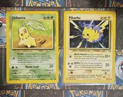 Pokemon Lot - 2 Card Vintage Lot - Pikachu And Chikorita From Neo Genisis Tcg - Image 1