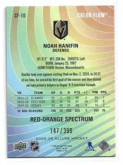 25-26 Upper Deck Allure Color Flow Red-Orange Spectrum /399 Noah Hanifin CF-10 - Image 2