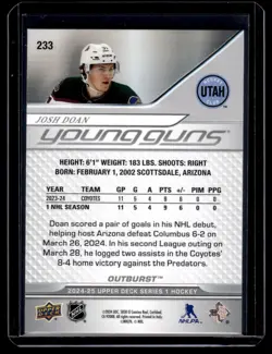 2024-25 Upper Deck Young Guns Outburst Josh Doan RC #233 - Image 2