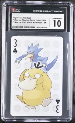 Psyduck & Golduck 2006 Playing Card JPN 10th Anniversary Red Deck 3 Clubs CGC 10 - Image 1