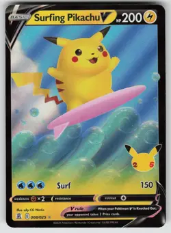 Surfing Pikachu V 008/025 Holo V Rare Celebrations Pokemon Near Mint - Image 1