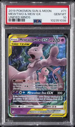 2019 POKEMON SUN & MOON UNIFIED MINDS #71 MEWTWO & MEW GX PSA 10 - Image 1