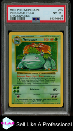 VENUSAUR-HOLO SHADOWLESS POKEMON GAME 1999 15 PSA 8 - Image 1
