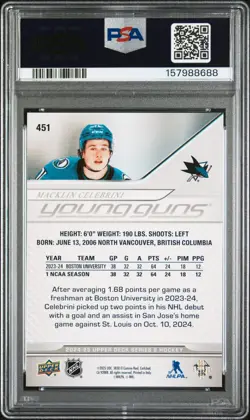 2024-25 Upper Deck Series 2 Young Guns Macklin Celebrini #451 Rookie RC PSA 7 - Image 2