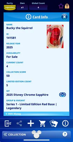 DIGITAL TOPPS DISNEY Bucky The Squirrel CHROME SAPPHIRE LEGENDARY RED /5 Read - Image 3