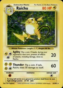 RAICHU 14/102 HOLO RARE BASE SET UNLIMITED POKEMON MP+/LP- - Image 1