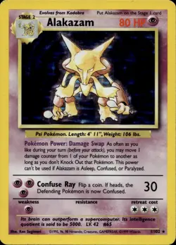 ALAKAZAM 1/102 HOLO RARE BASE SET UNLIMITED POKEMON MP/LP- - Image 1