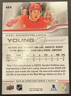 Upper Deck 2025-26 Series 2 Young Guns Axel Sandin Pellikka #484 Red Wings RC - Image 2