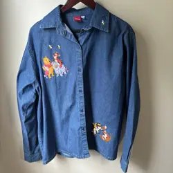 Vintage Disney Store Women’s Blue Denim Embroidered Shirt Size L Winnie The Pooh - Image 1