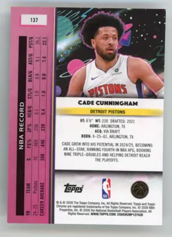 2025-26 TOPPS CHROME COSMIC CADE CUNNINGHAM /50 GOLD INTERSTELLAR #137 PISTONS - Image 2