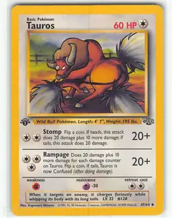 Tauros 47/64 Uncommon Jungle Pokemon 1st Edition LP Himeno - Image 1