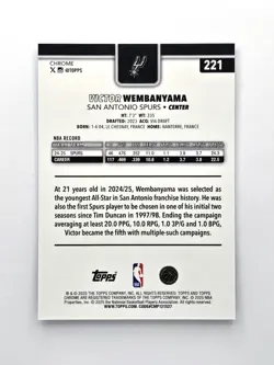 2025-26 Topps Chrome VICTOR WEMBANYAMA Blue X-Fractor Redemption SP #221 Spurs - Image 2