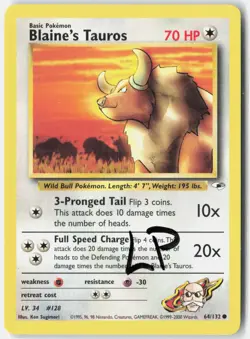 Blaine's Tauros 64/132 Common Gym Heroes Pokemon Unlimited Lightly Played - Image 1